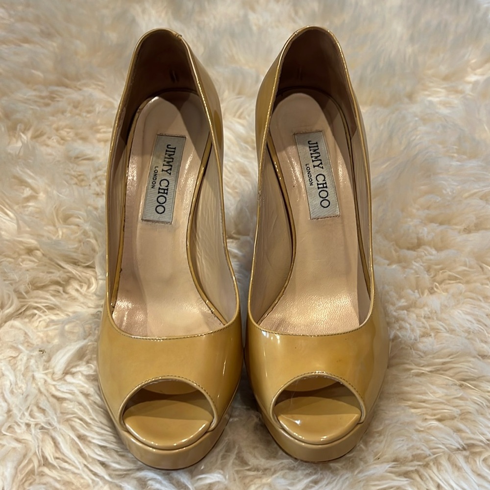 Jimmy Choo patent leather peep toe platform pumps